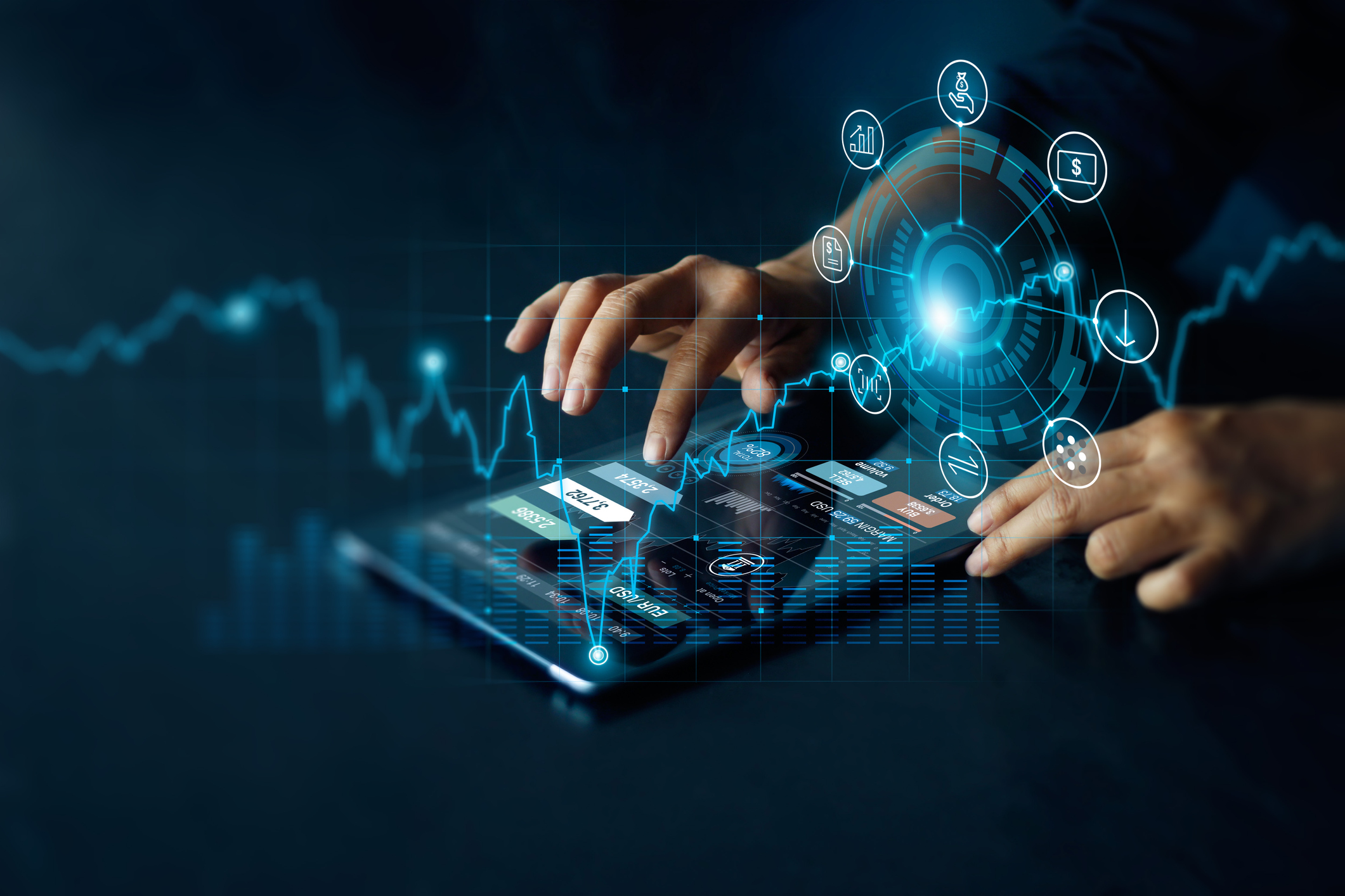 Man using digital tablet online connect to internet banking. currency exchange. online shopping and digital payment. Intelligent financial technology and E-commerce network connection in people lifestyle concept. Bioweiderind